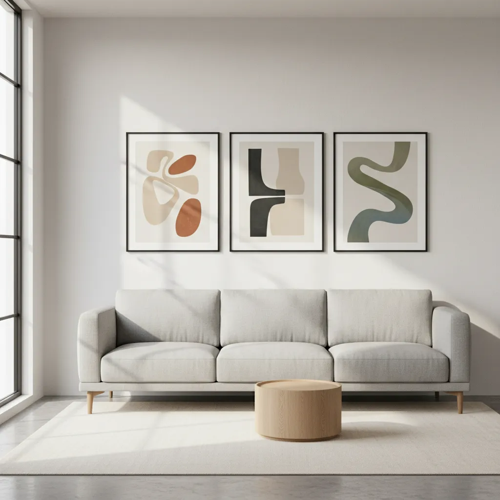 Horizontal row layout with three frames above a living room sofa