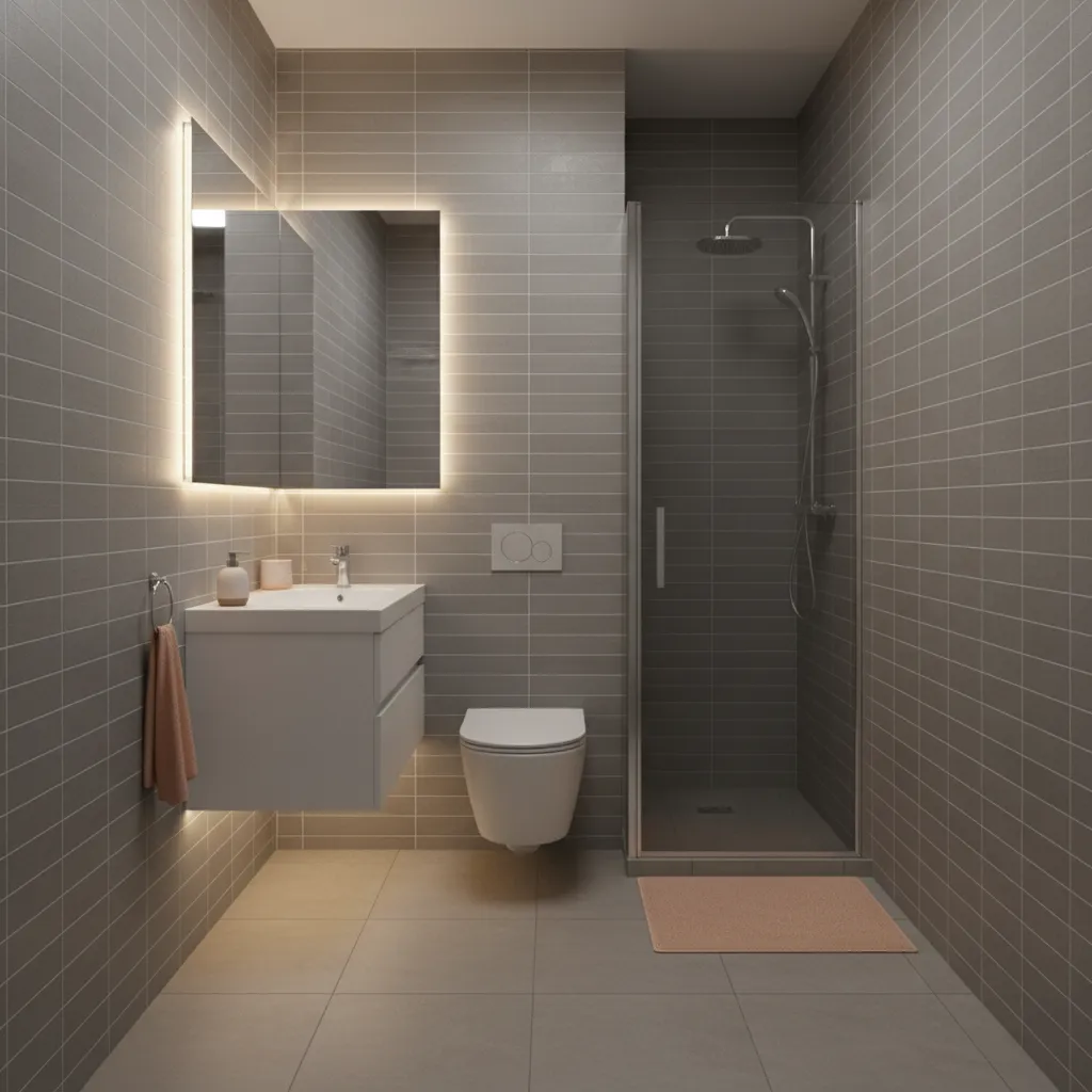 Small bathroom with horizontal grey tiles designed to visually widen the space