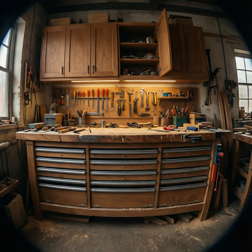 horizontal power tool cabinets installed along a woodworking workbench