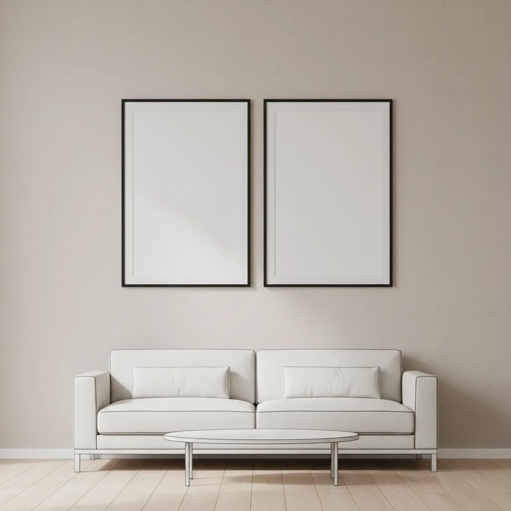 Diagram showing spacing between two horizontal wall art frames