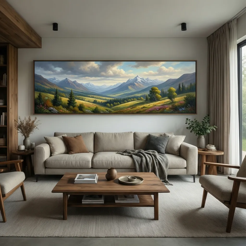 Wide horizontal mountain painting above beige sofa in a bright living room with green plants