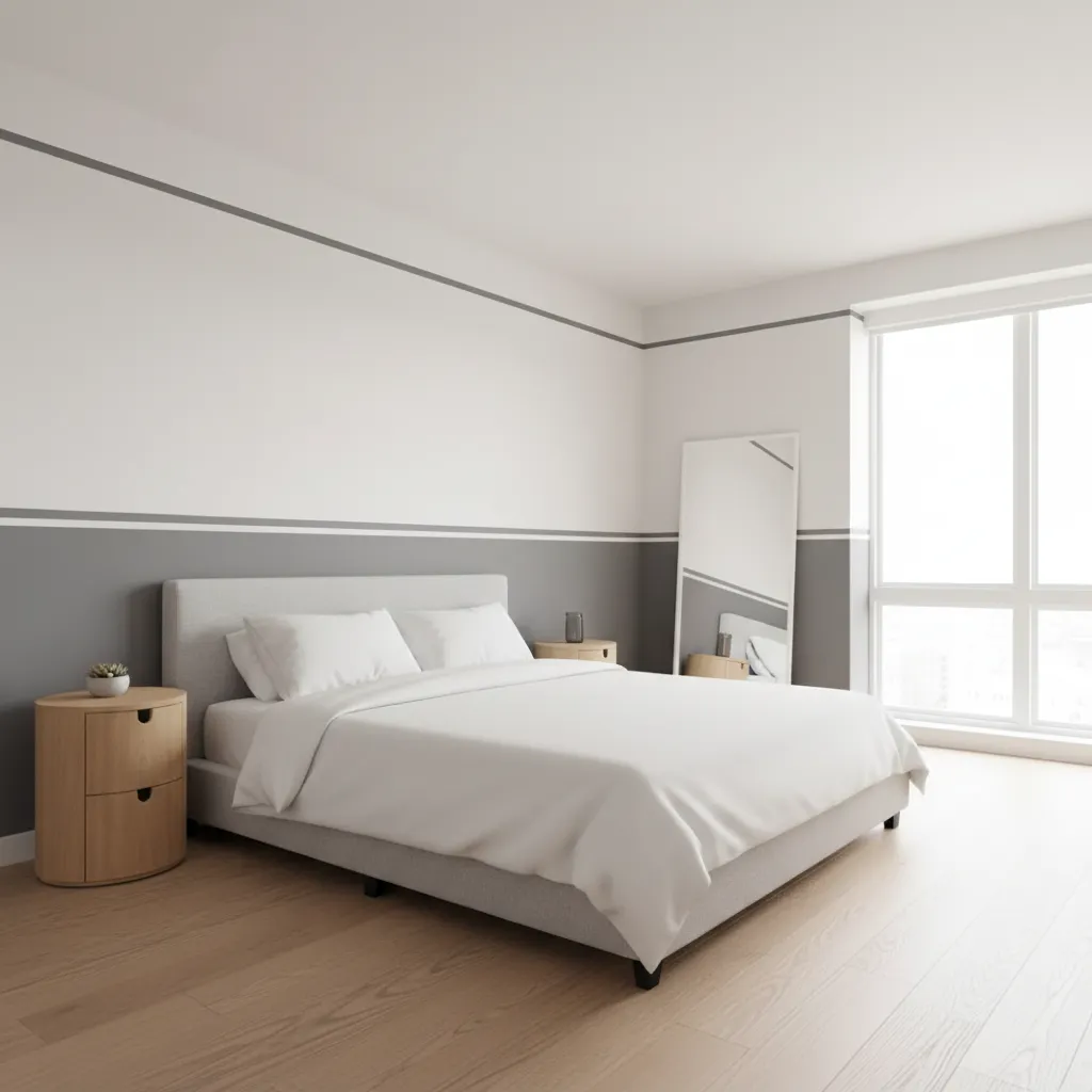 Small bedroom with thin horizontal painted wall border across light colored wall