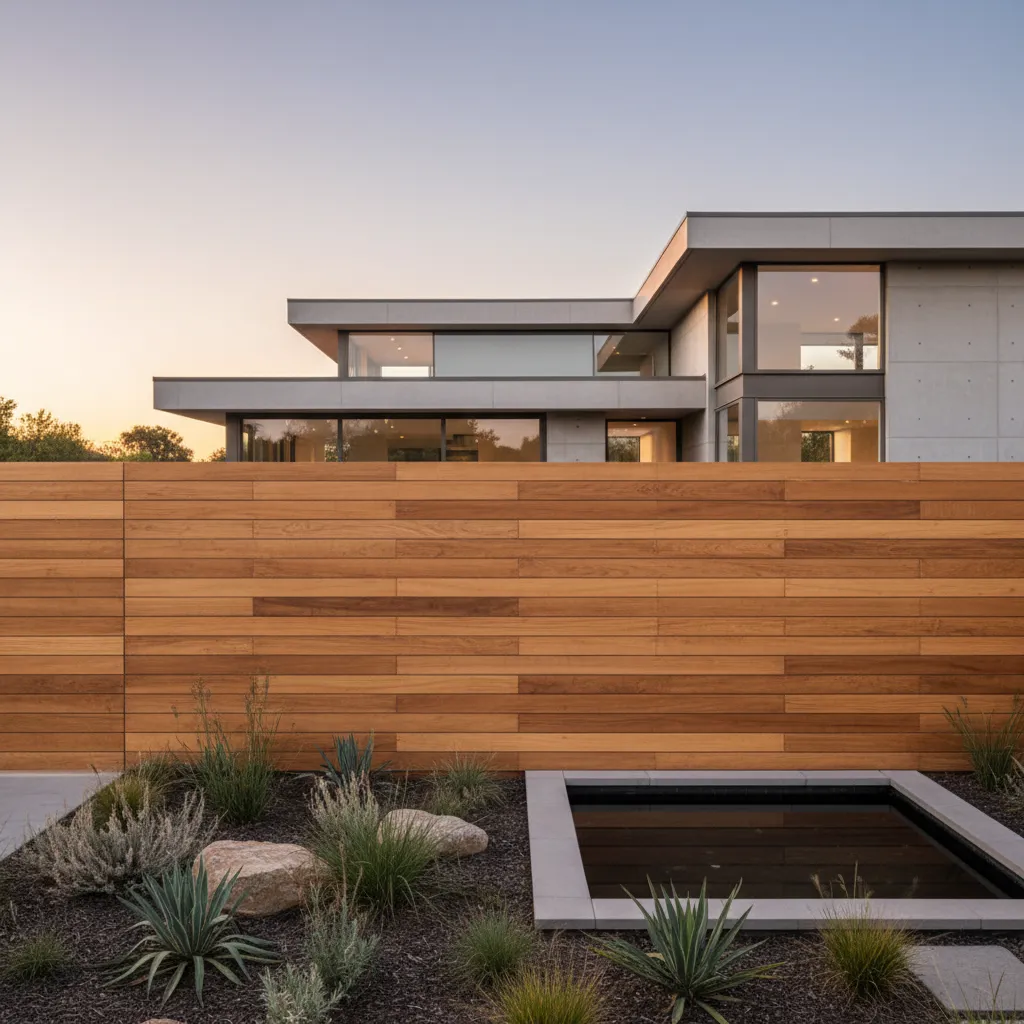 Cerca de madera con listones horizontales en una casa moderna