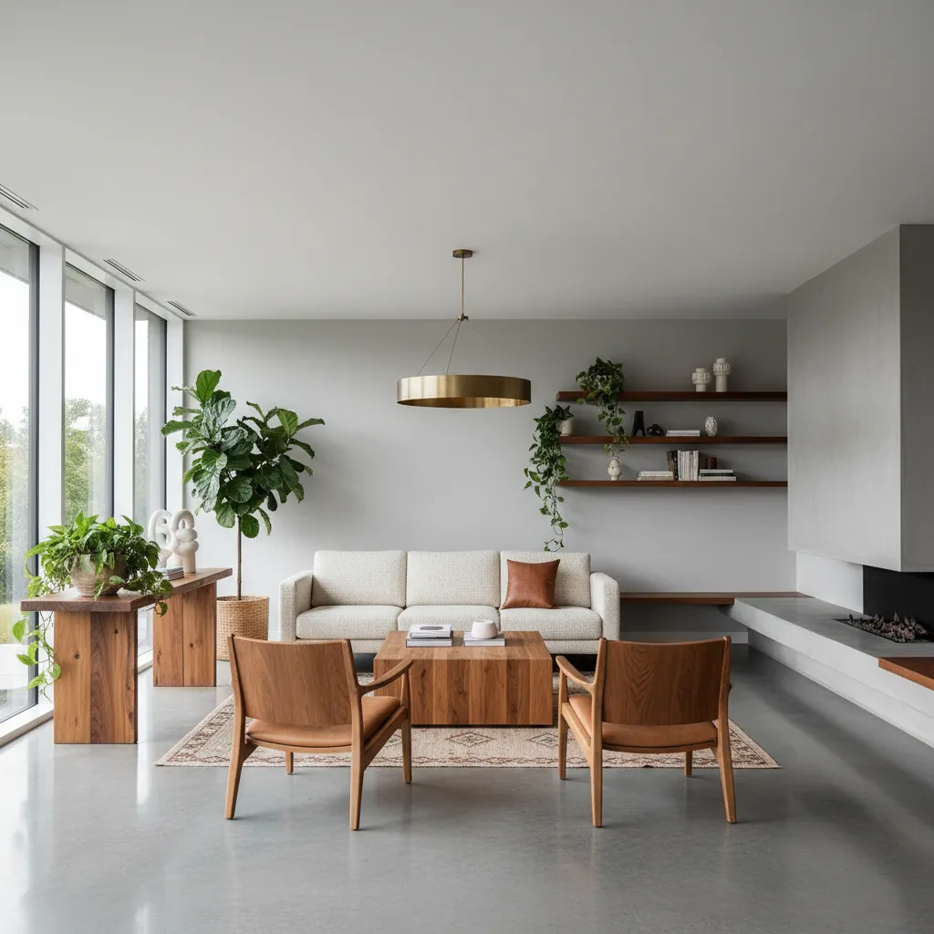 Salón con suelo de hormigón combinado con muebles de madera