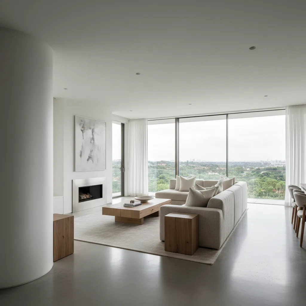 Salón abierto con suelo de hormigón pulido y decoración minimalista