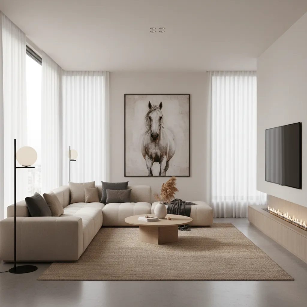 living room interior featuring horse painting wall decor example