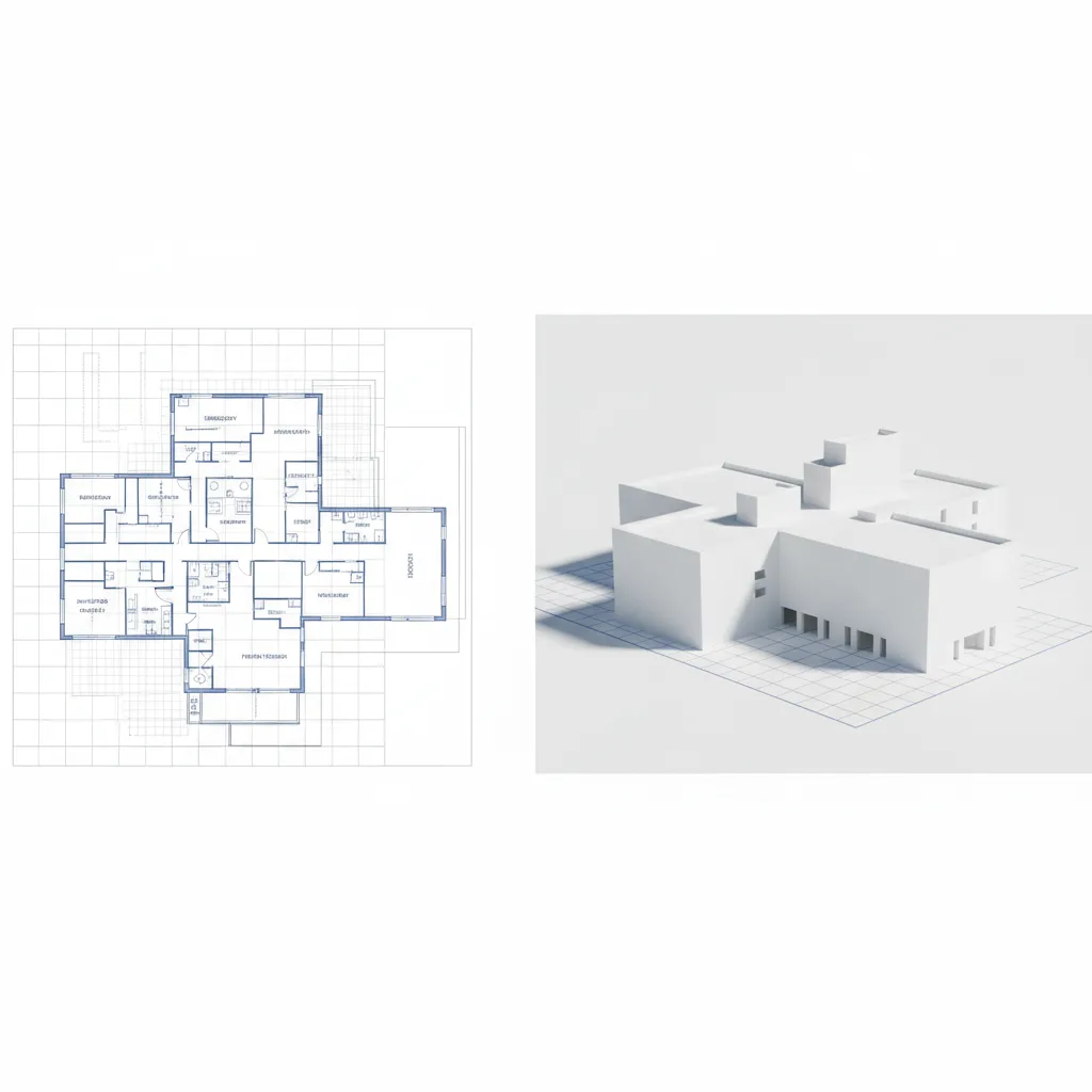 Side by side view of hospital 2D floor plan and early 3D massing model