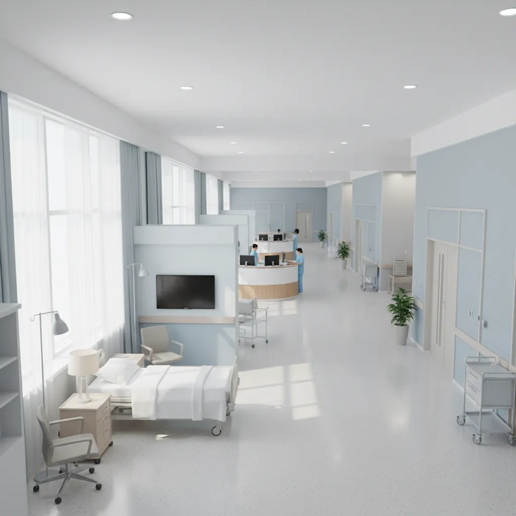 3D visualization of a hospital interior floor layout with patient rooms and corridors