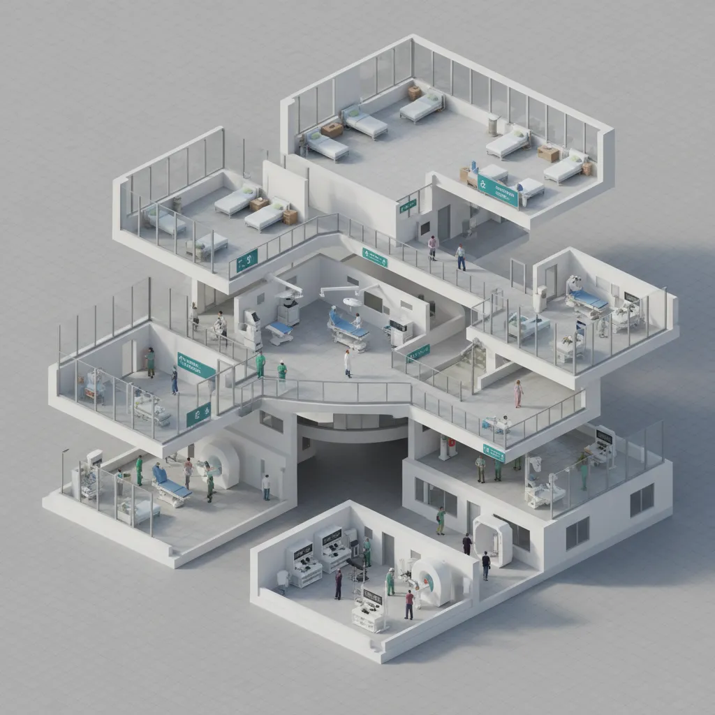 3D hospital model with departments separated into structural sections