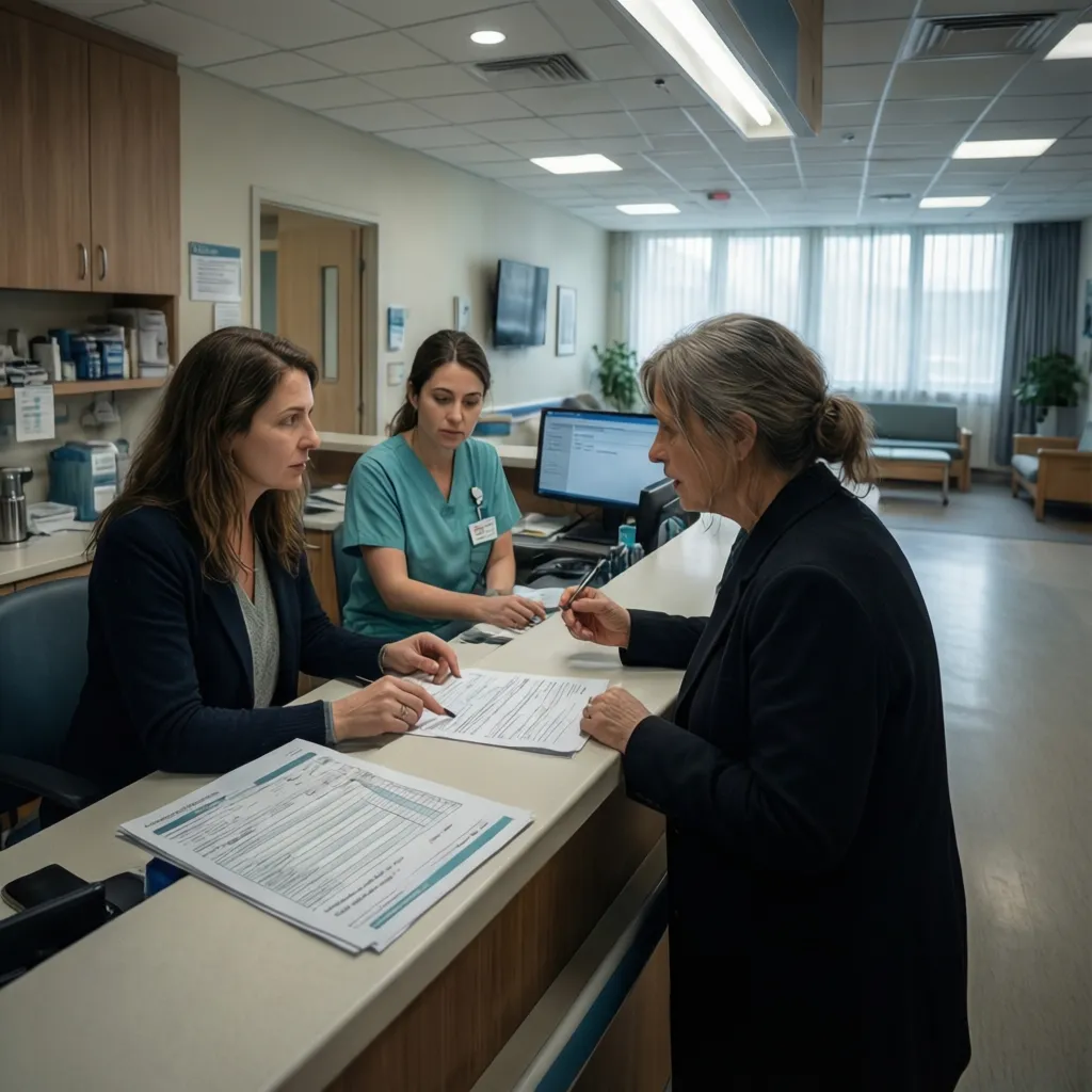 Patient discussing hospital admission and room charges with billing staff