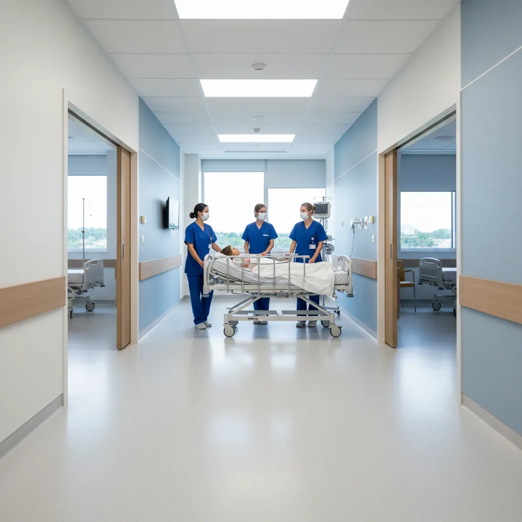Hospital staff transferring patient between rooms representing room upgrade or reassignment