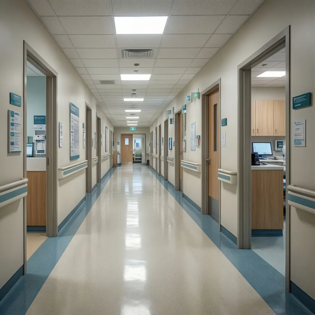 Central corridor hospital layout with departments connected along a main hallway