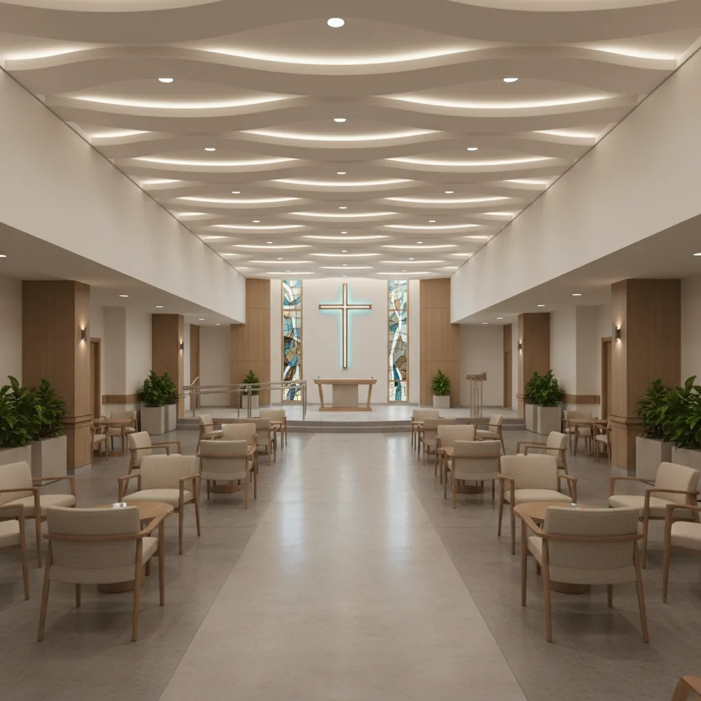 Hospital chapel interior with flexible seating and accessible layout