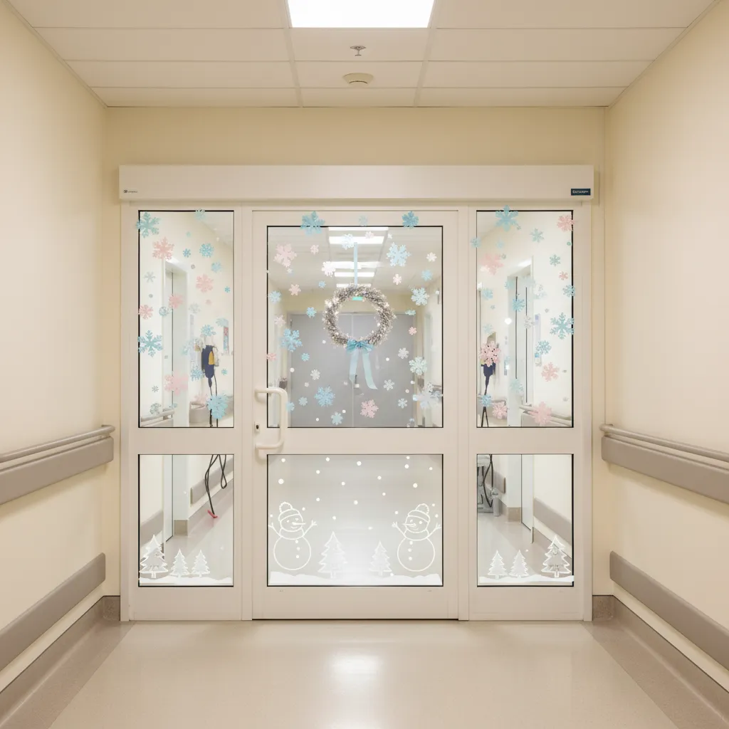 hospital friendly christmas decorated door with soft colors and simple snowflake design