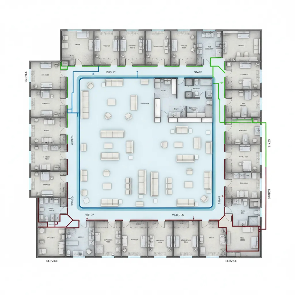 Hospital floor plan showing separated public clinical and service circulation paths