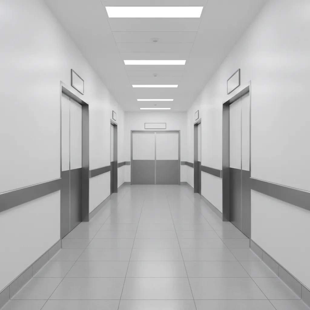 Modern hospital corridor with minimal grout seamless tile flooring