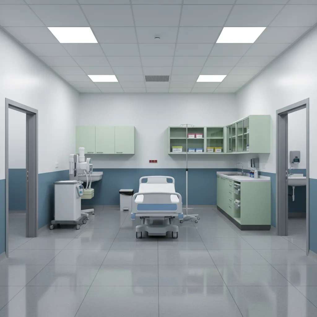 Hospital clinical area showing clear contrast between walls, equipment, and doors