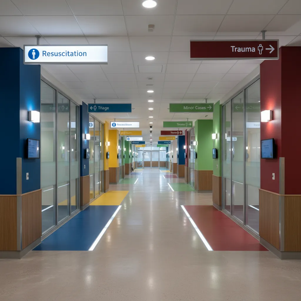 Hospital corridor showing clear color zoning for wayfinding in emergency department