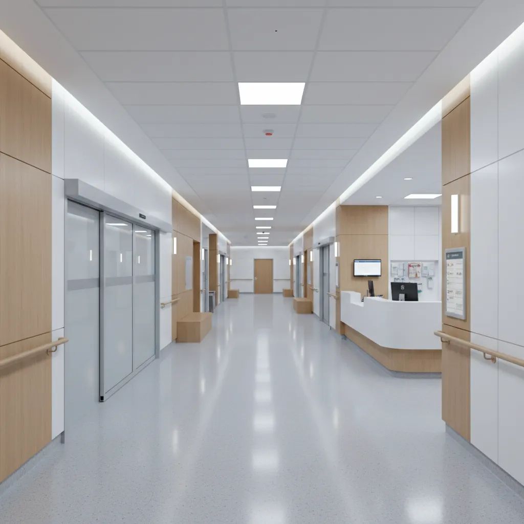 wide hospital corridor designed for stretchers and medical staff circulation