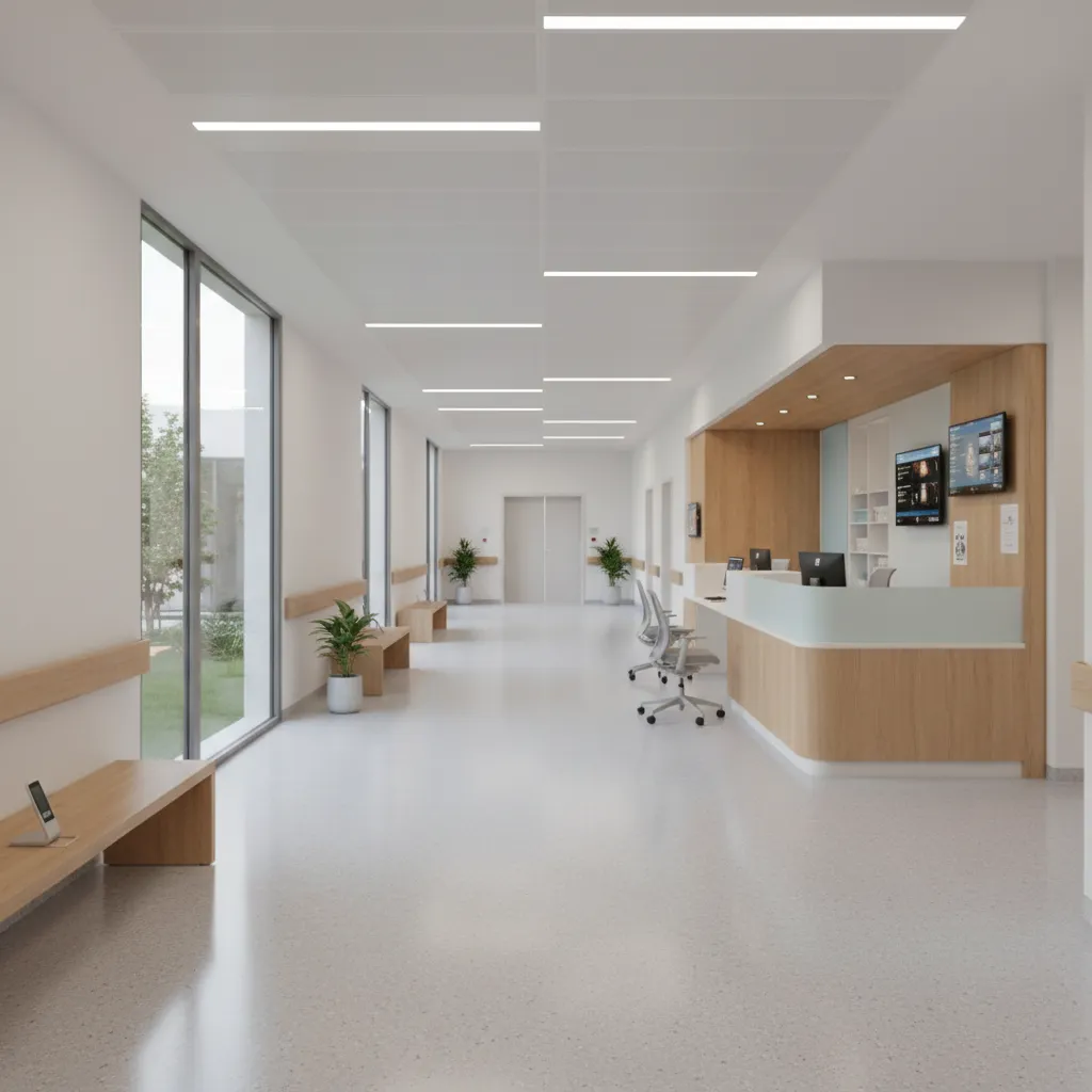 Hospital corridor showing organized patient and staff circulation design