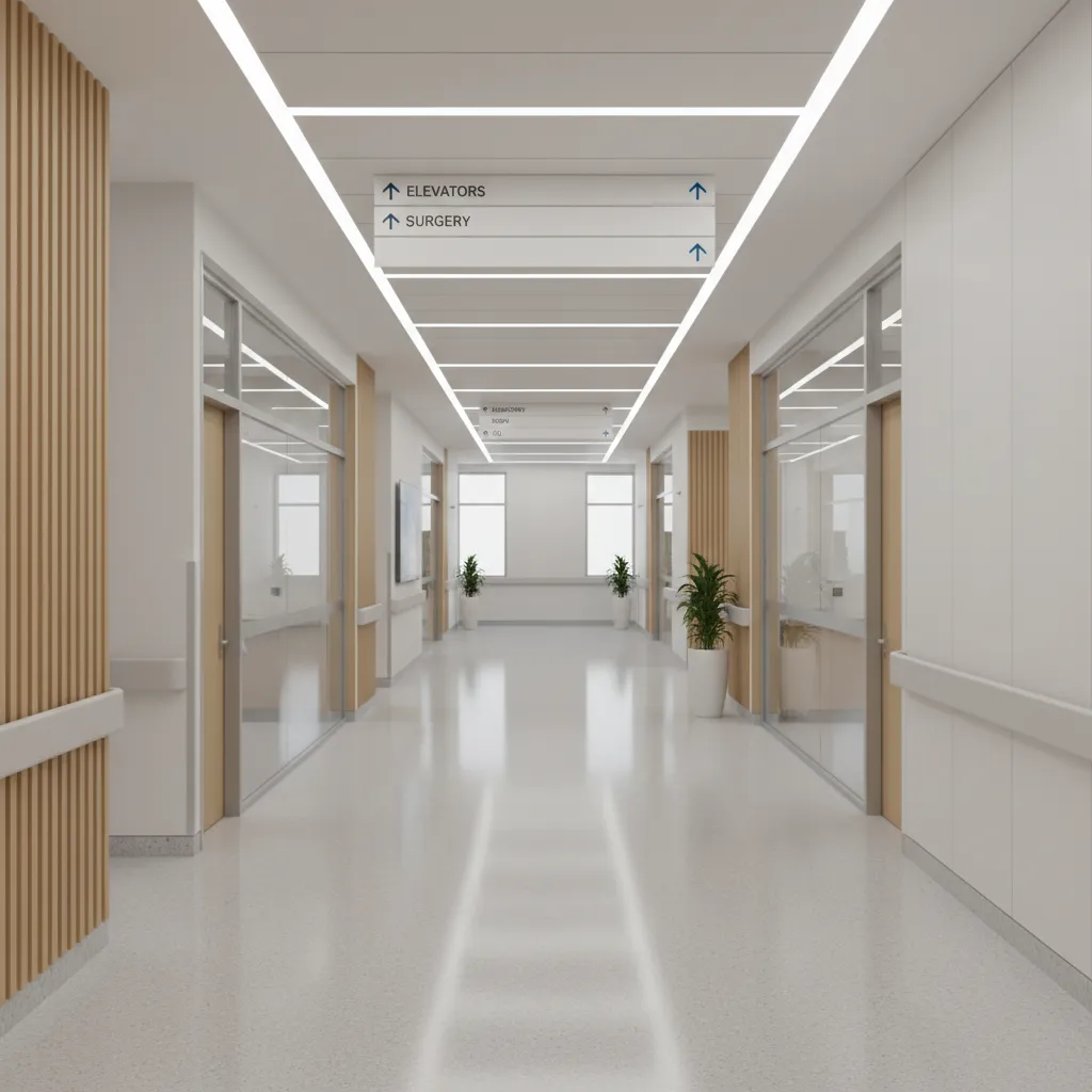 Hospital corridor with overhead signs pointing to elevators and departments