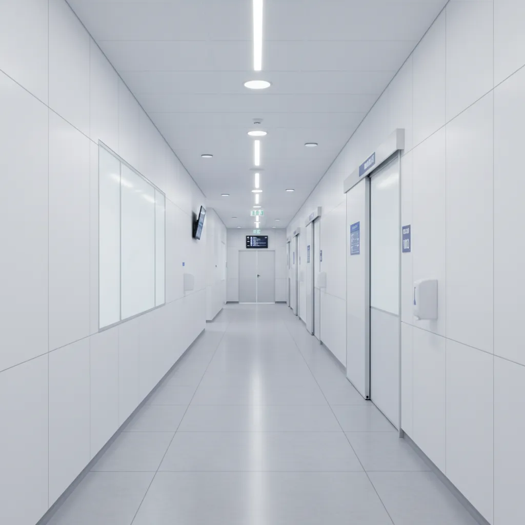 Clean hospital corridor with hygienic durable wall coating and bright lighting