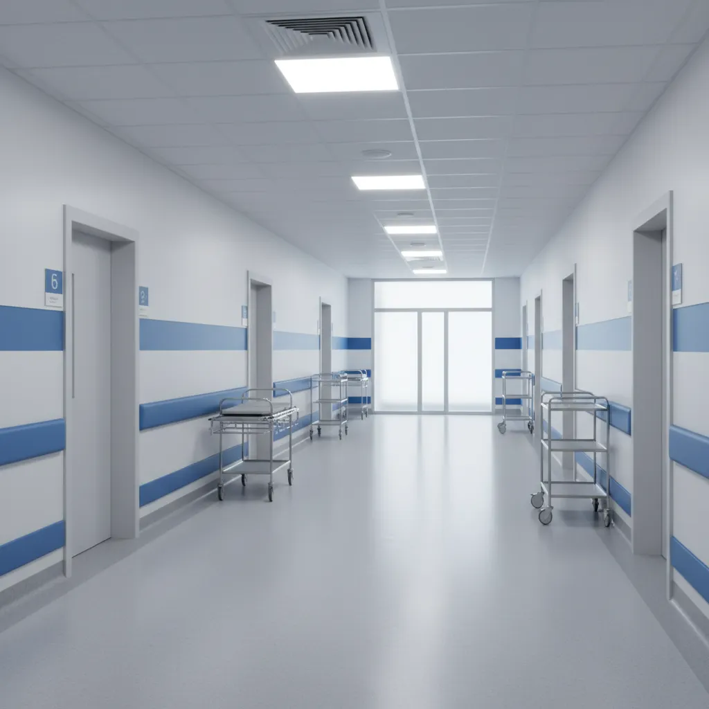 wide hospital corridor designed for patient transport and medical staff movement