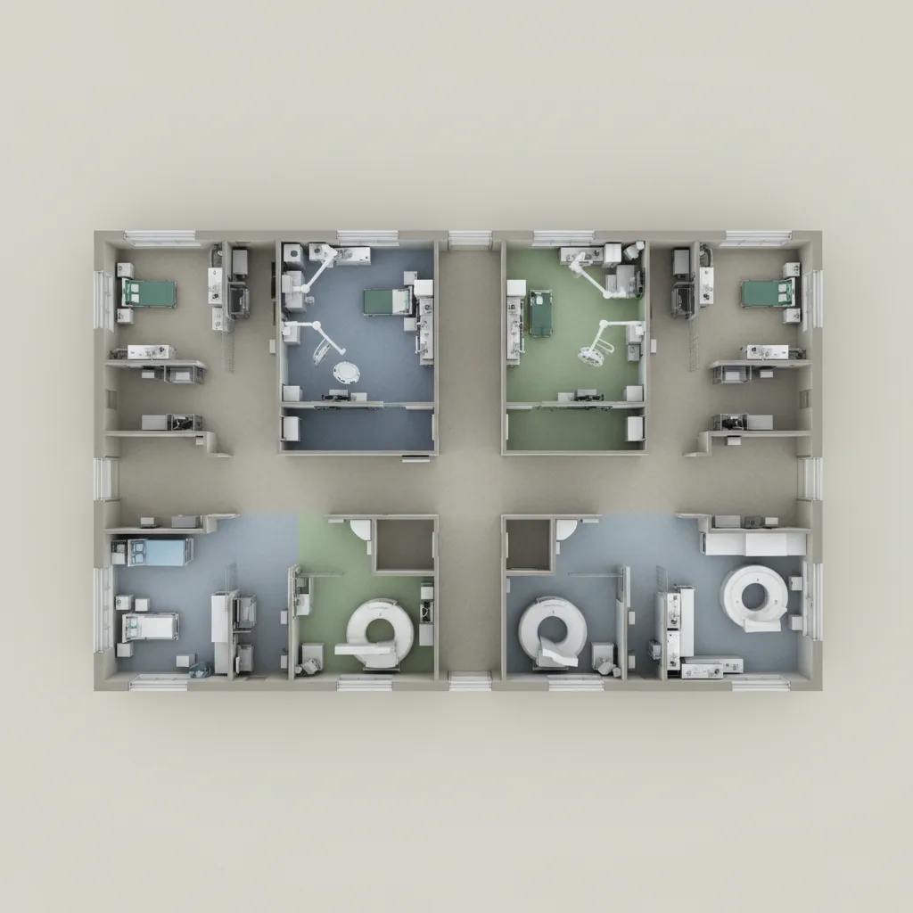 Hospital department adjacency layout showing ICU, operating room, and imaging placement