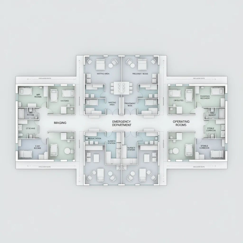 hospital floor plan showing emergency imaging and surgery adjacency