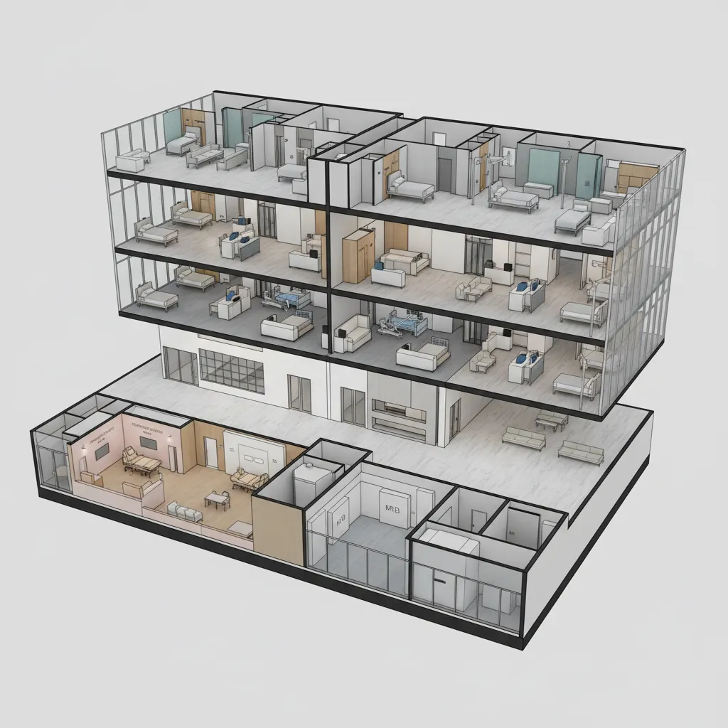 3d hospital floor layout showing emergency imaging surgery zones