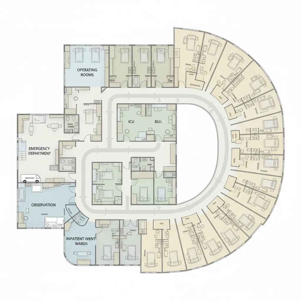 hospital department zoning diagram showing emergency, ICU, and surgical areas