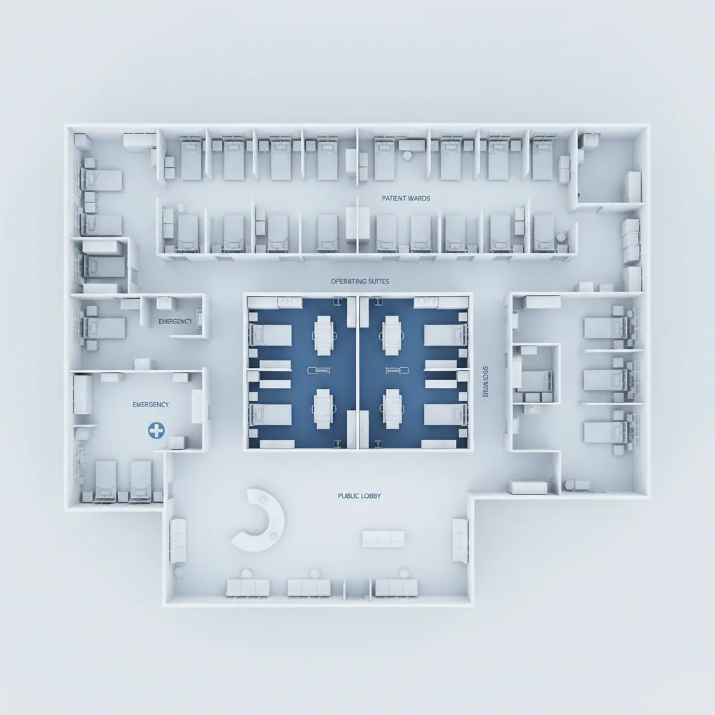 3D hospital zoning layout showing departments and circulation areas