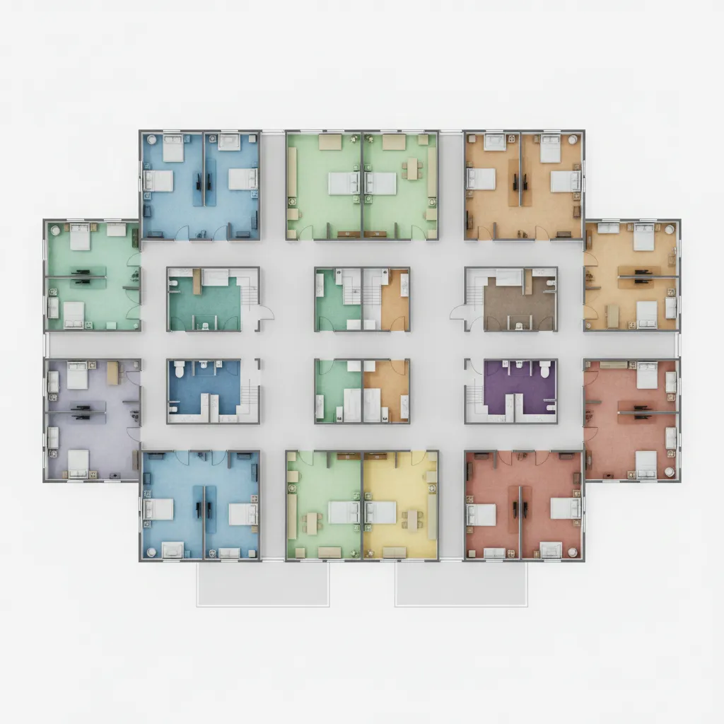 Hospital floor plan with color coded departments and circulation paths