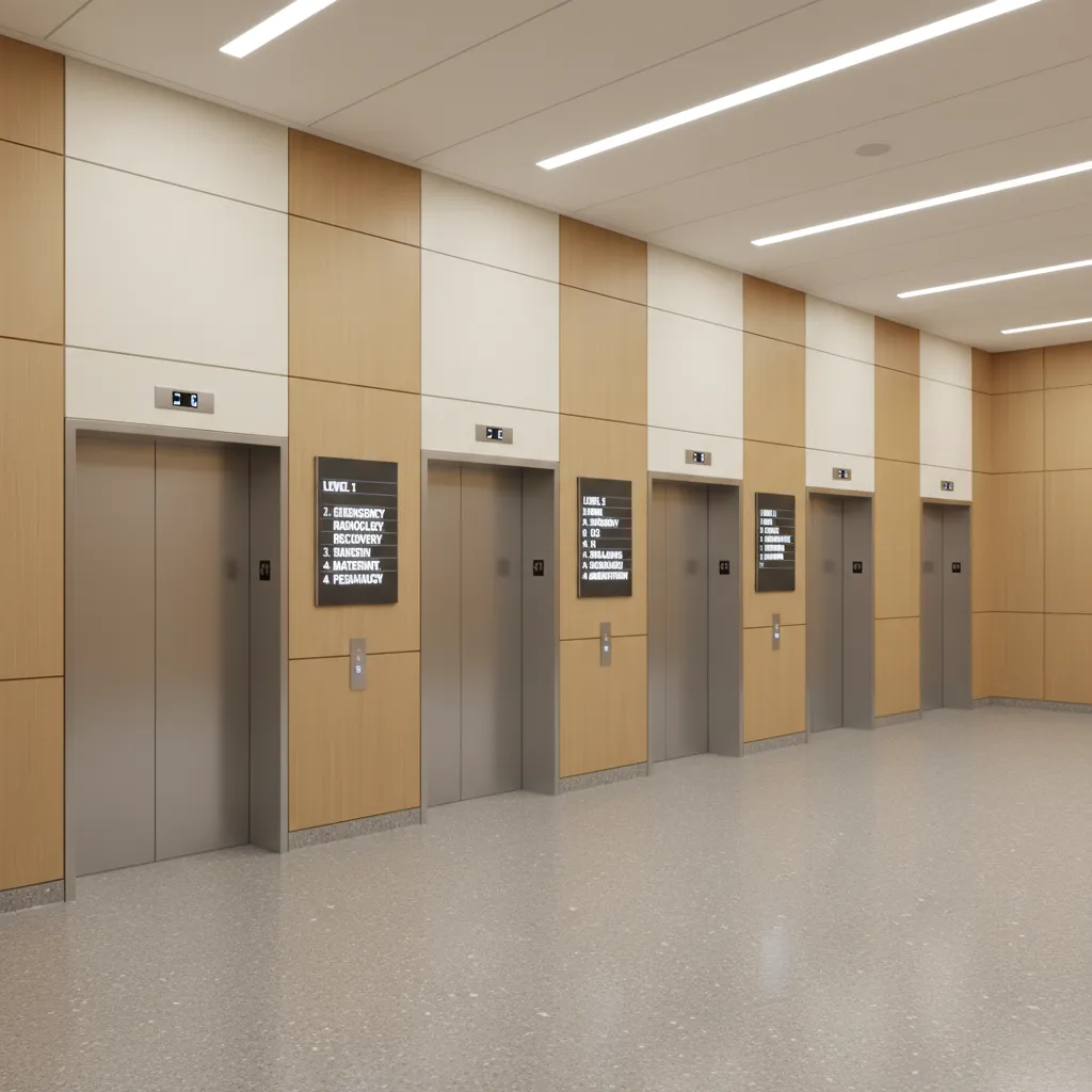 Public elevator bank inside hospital with directional signs