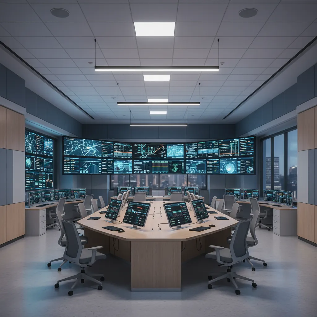 Hospital emergency command center with patient flow dashboards