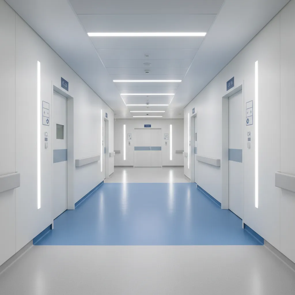 Hospital corridor with seamless hygienic epoxy flooring