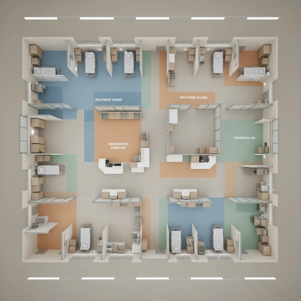 Diagram style emergency department layout showing hybrid color palette strategy