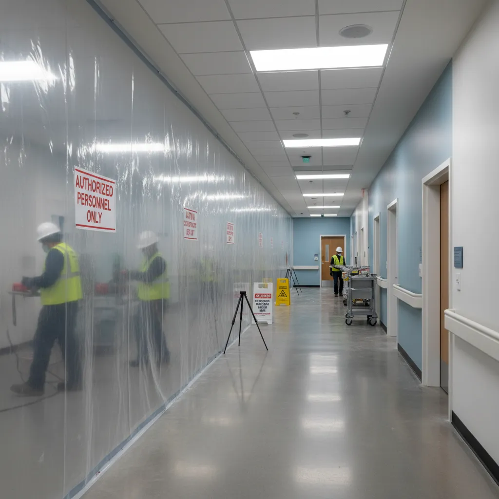 hospital emergency department construction zone with sealed barriers and safety signage