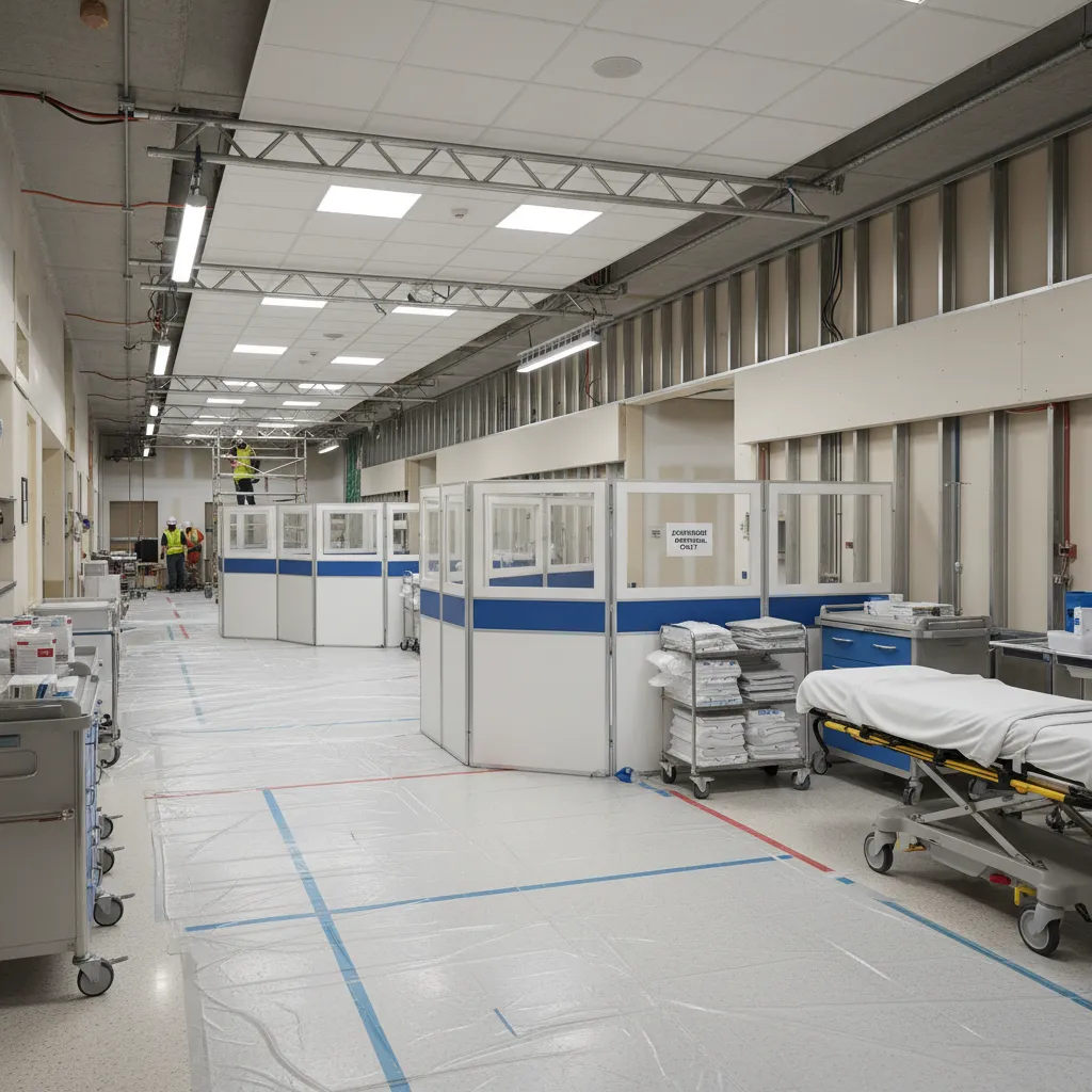hospital emergency department hallway under renovation with temporary barriers