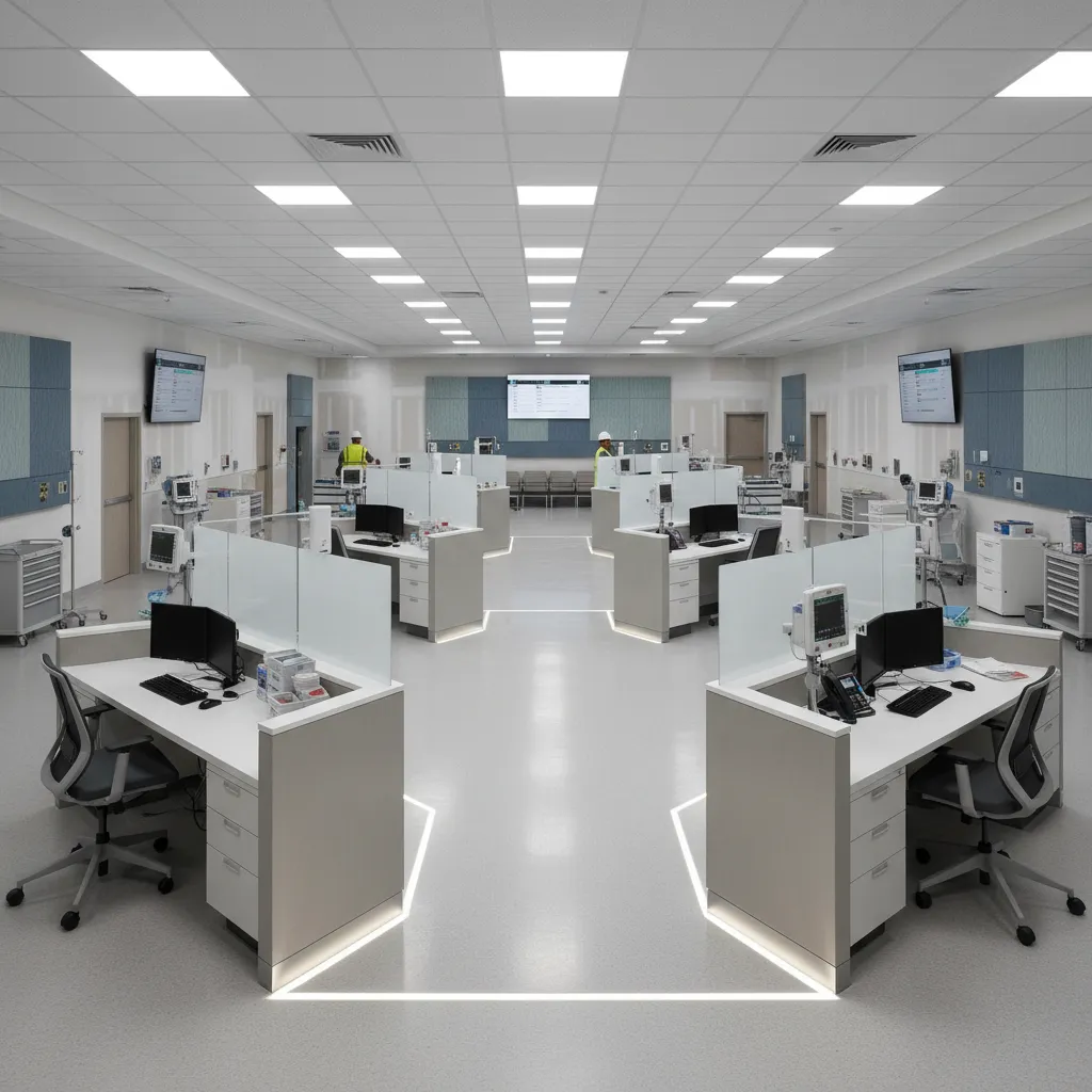 temporary triage and patient flow layout inside hospital emergency department during renovation
