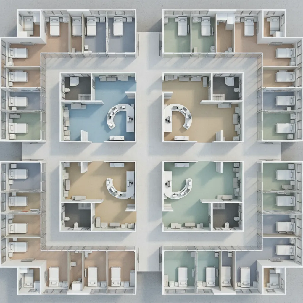 3D architectural model of a hospital floor plan showing multiple departments and corridors