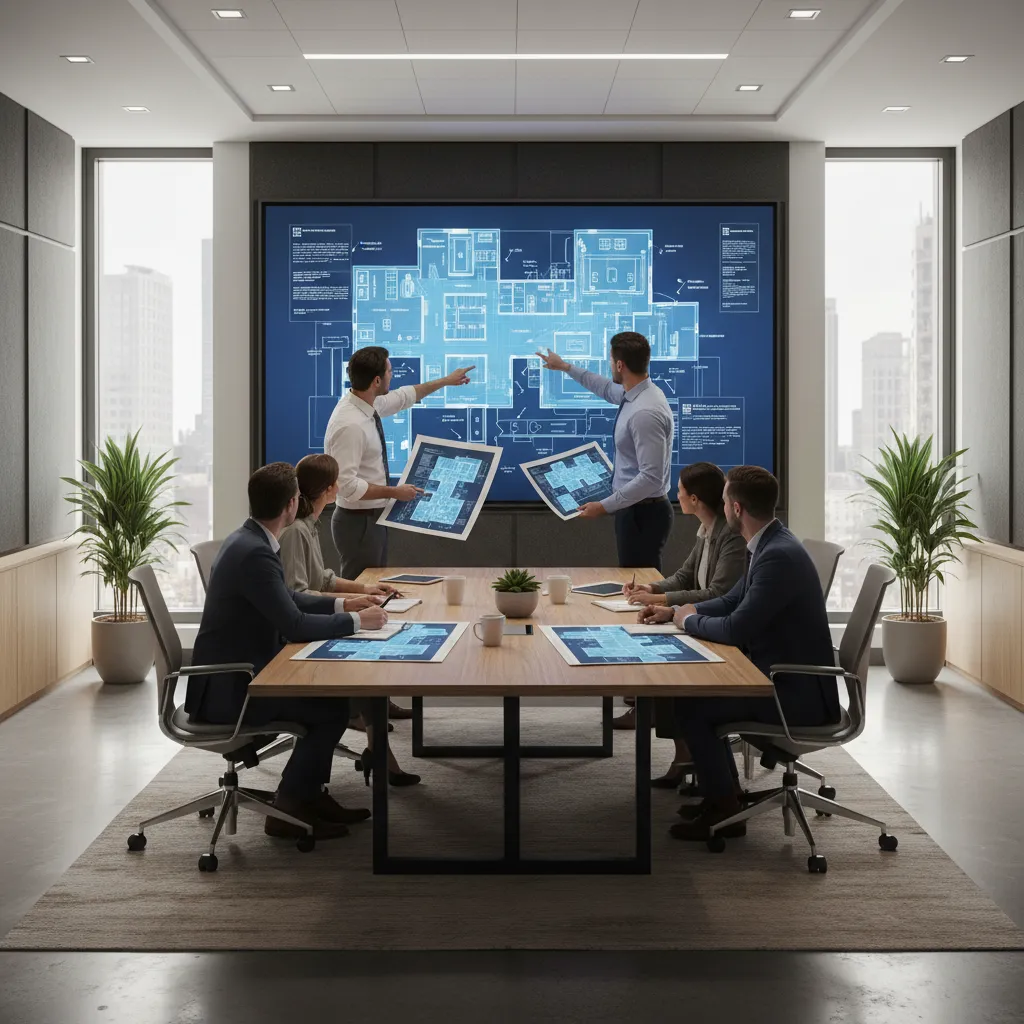Architect team reviewing hospital floor plan workflow diagrams and layout options