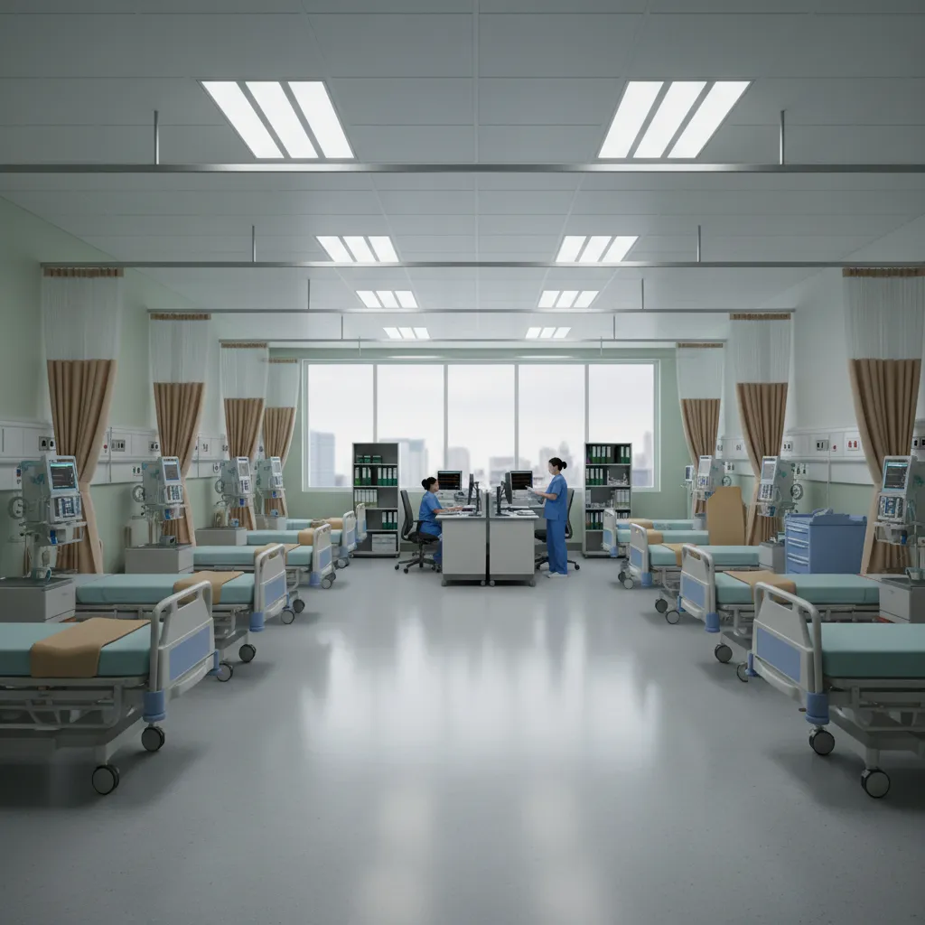 shared hospital ward with multiple patient beds and privacy curtains