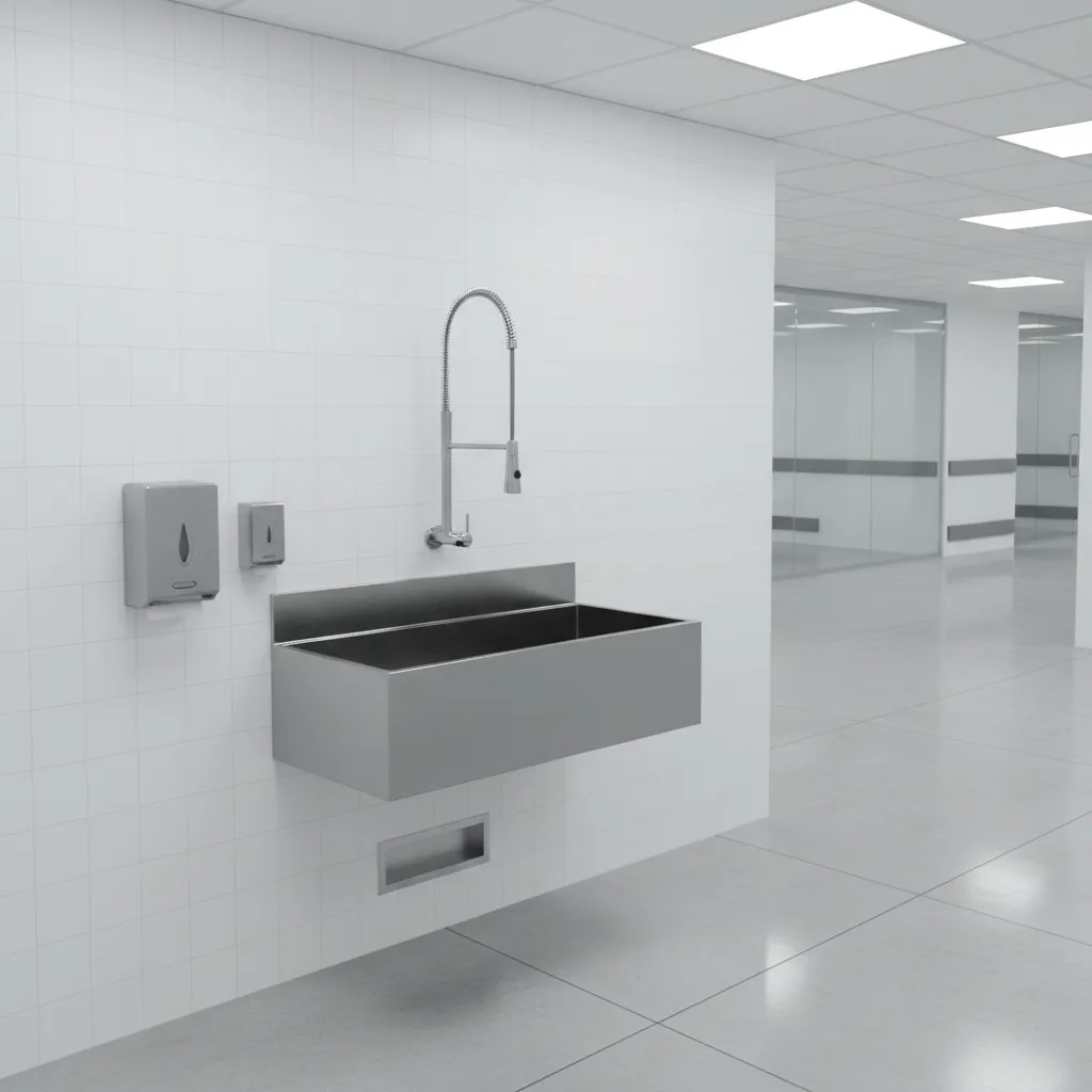 hospital handwash sink with elevated wall faucet and deep basin