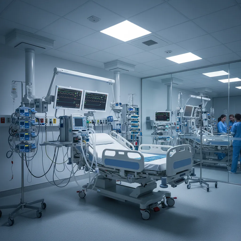 Intensive care unit hospital room with monitoring equipment and ventilator