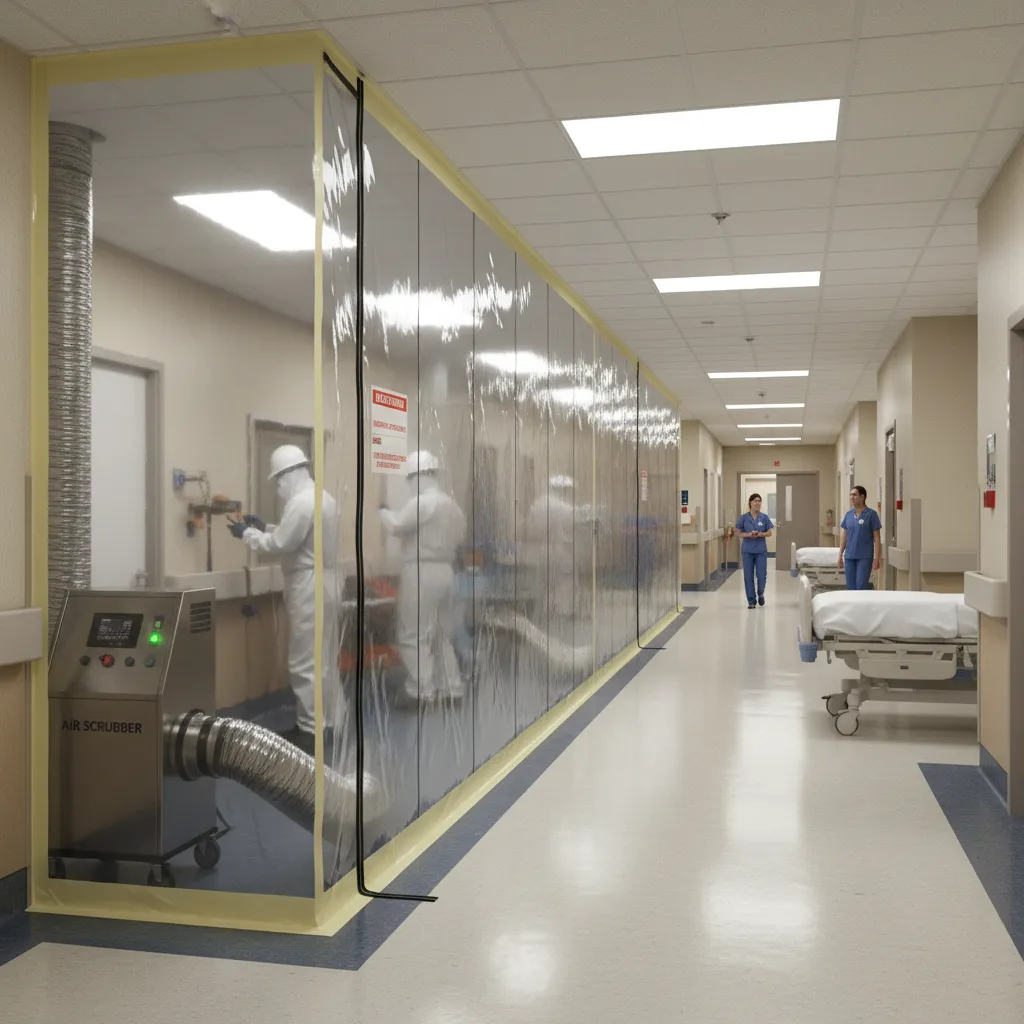 hospital construction infection control barrier with negative air machine and sealed doorway