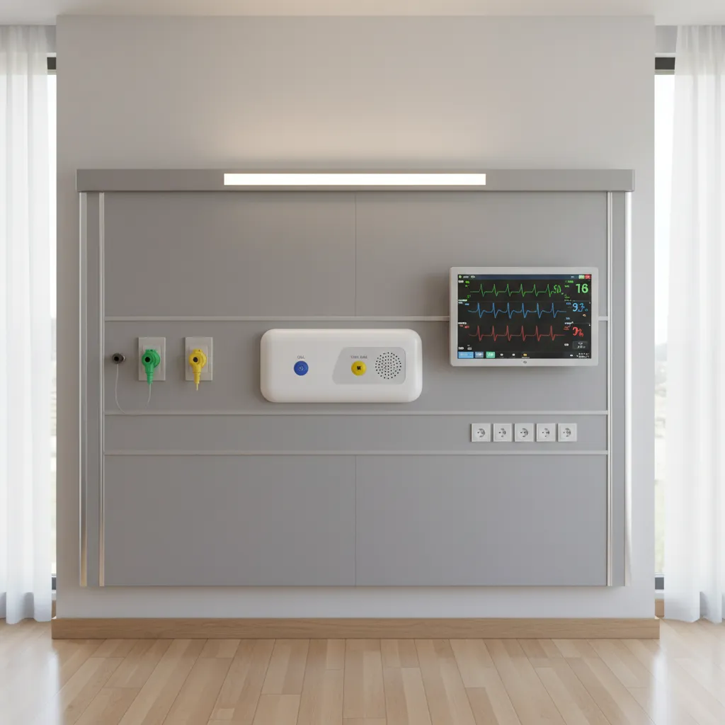 Hospital patient room infrastructure showing medical gas outlets and monitoring systems