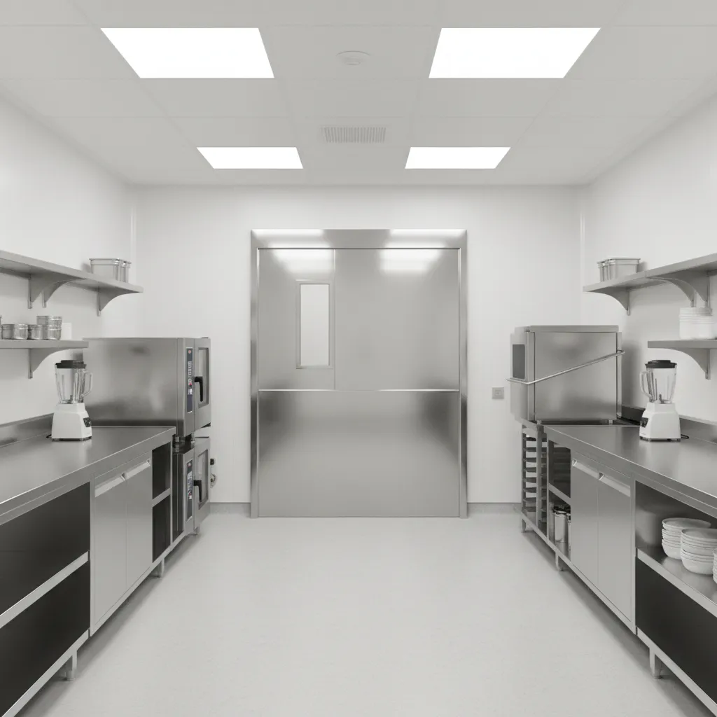 Hospital institutional kitchen with stainless steel sanitary door and clean surfaces
