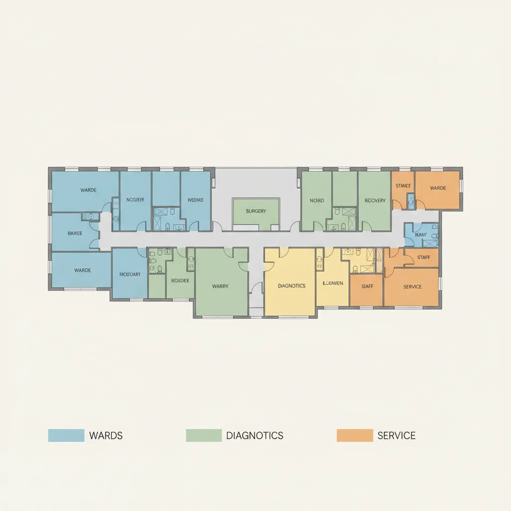 Hospital floor plan zoning diagram highlighting departments and circulation