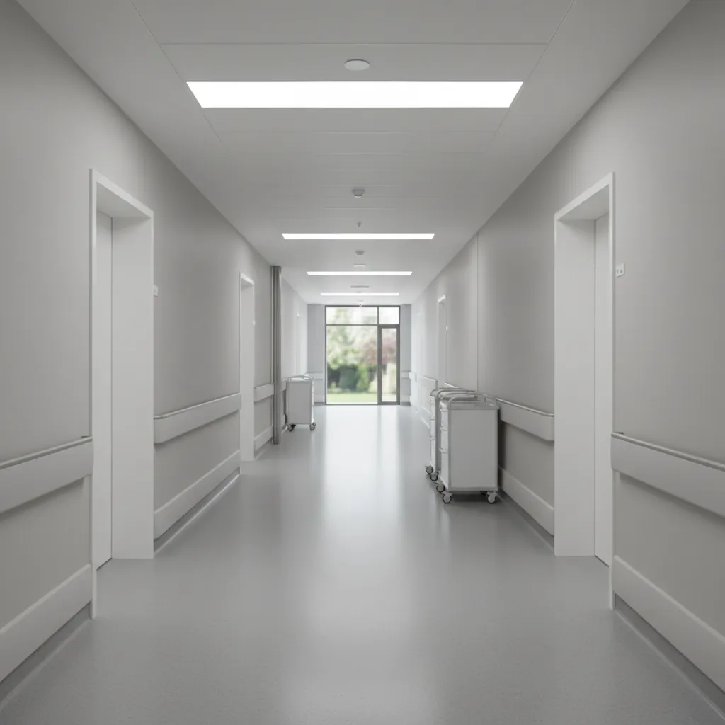 hospital corridor with clean linoleum flooring maintained for hygiene